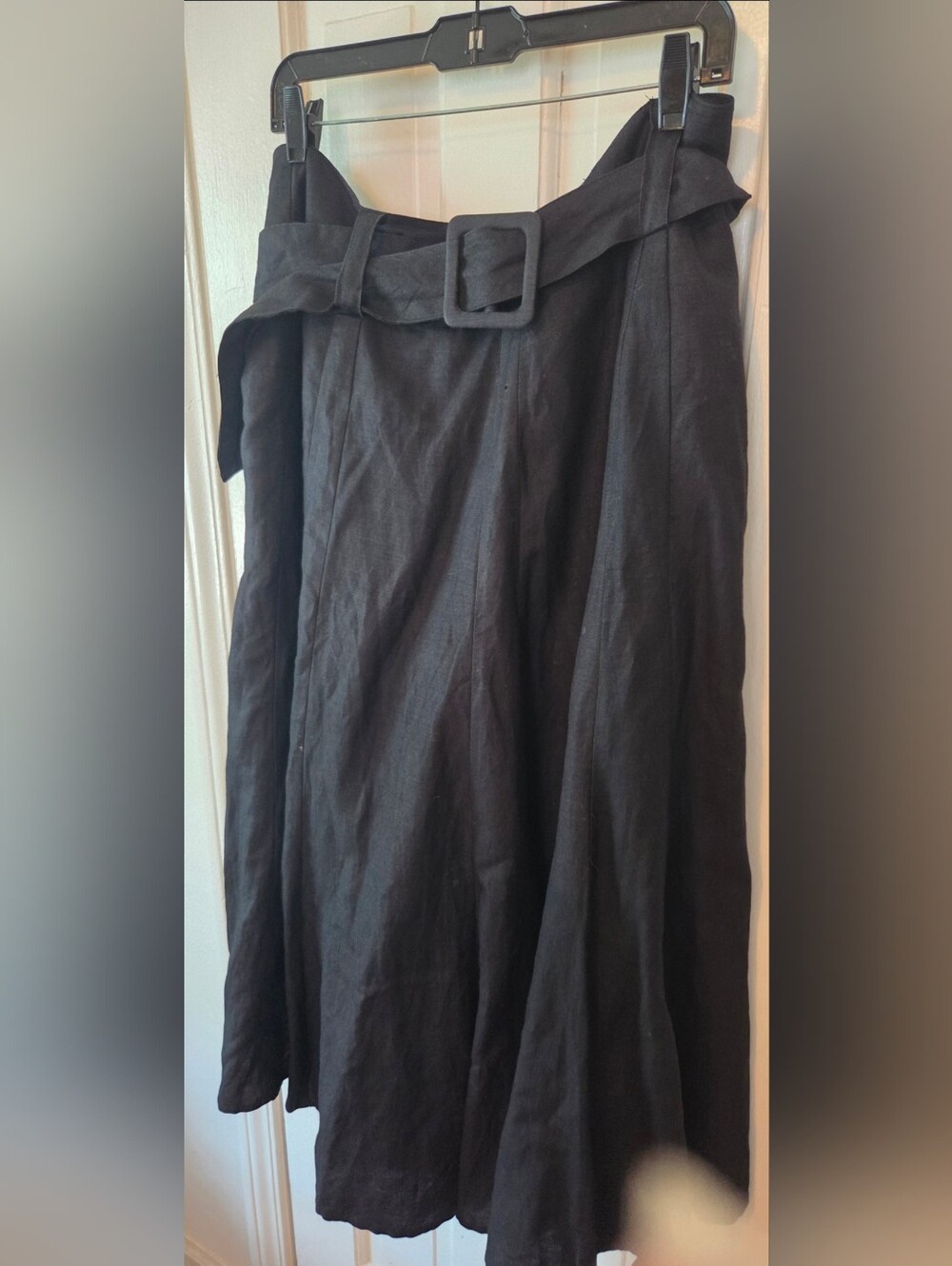 Ashley Stewart Black Linen Rayon Belted  A-Line Midi Skirt 12 w Regular  Lined